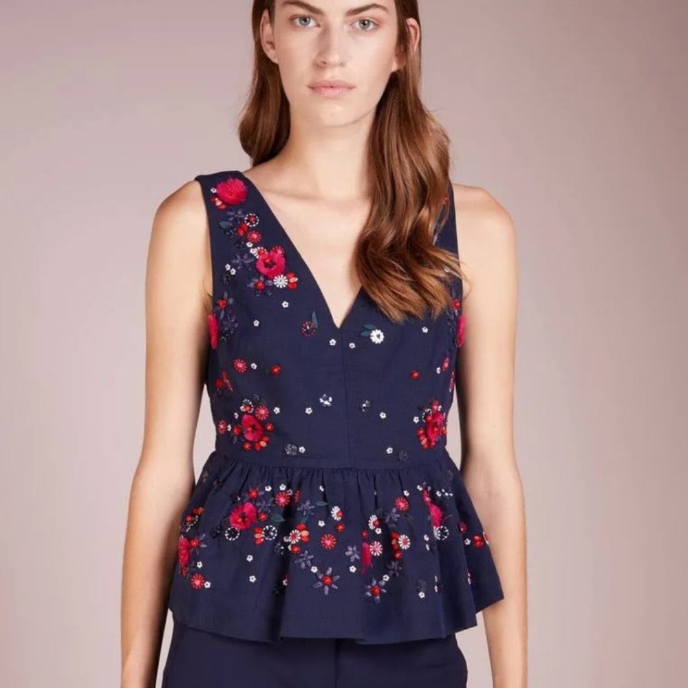 J. Crew Navy Embroidered Floral Peplum V-Neck Top